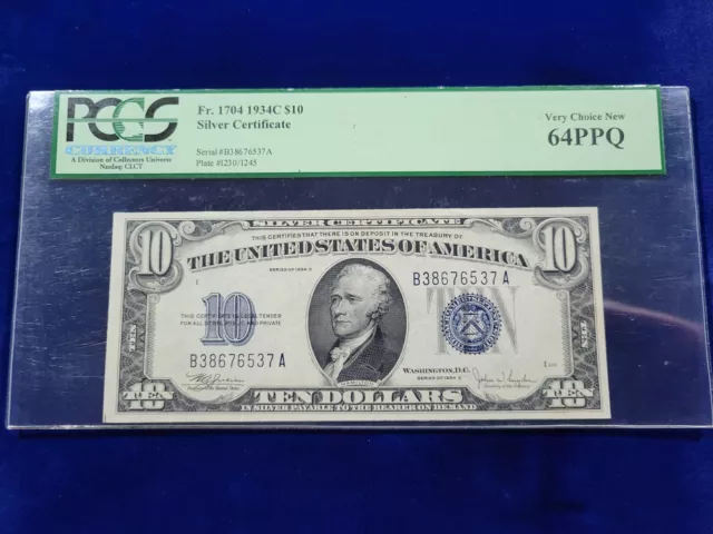 🌟 1934-C $10 Silver Certificate FR#1704 PCGS 64 Very Choice New PPQ