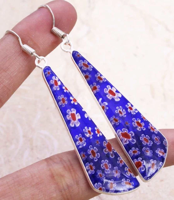 Dichroic Glass 925 Silver Plated Handmade Earrings of 2.2" Ethnic Gift