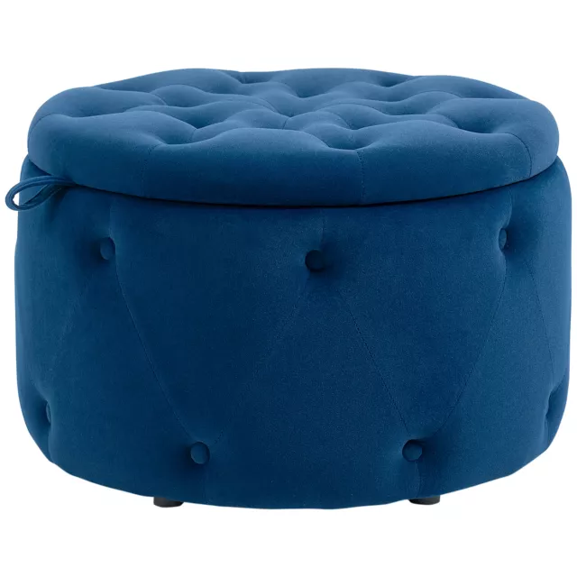 HOMCOM Pouf Poggiapiedi con Vano Contenitore in Velluto Ø60x40cm Blu Scuro