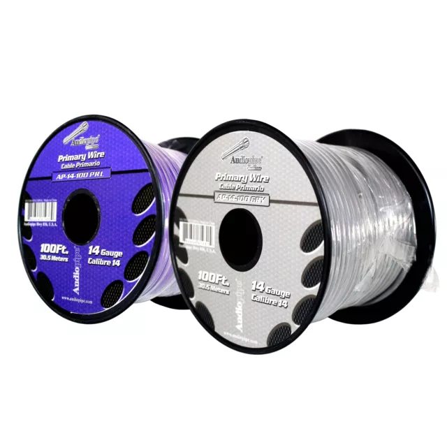 Bote de cable remoto de alimentación a tierra primaria Audiopipe (2) 14ga 100 ft CCA púrpura/gris