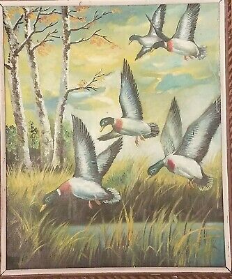 Vintage Painting Oil on Canvas Flying Ducks in March w Birch Trees 17 1/2" x 14" 2