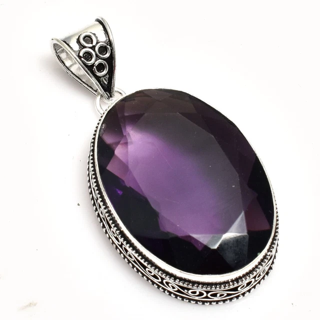 Pendentif Main En Améthyste Violette - Forme Poire - Argenté - Fait Main - Inde
