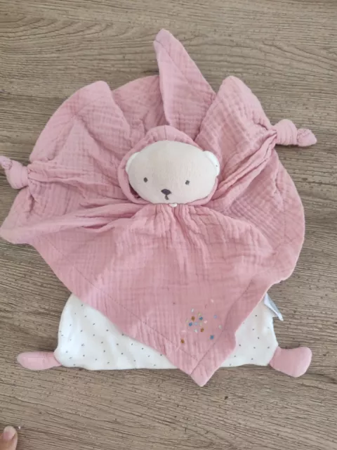 DOUDOU PLAT OURS ROSE BLANC POIS COTON BIO KALOO tbe