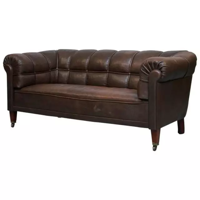 Victorian Circa 1860 Swedish Brown Leather Chesterfield Club Sofa Fully Sprung