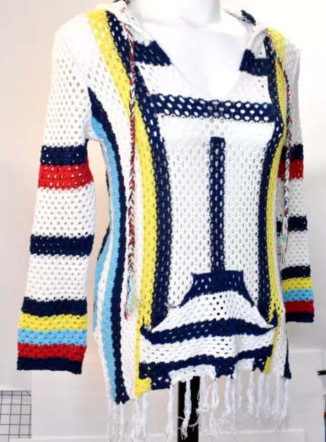 Vtg Havana Baja Hoodie Sweater Fringe Top Crochet Open Knit Stripe White Women S