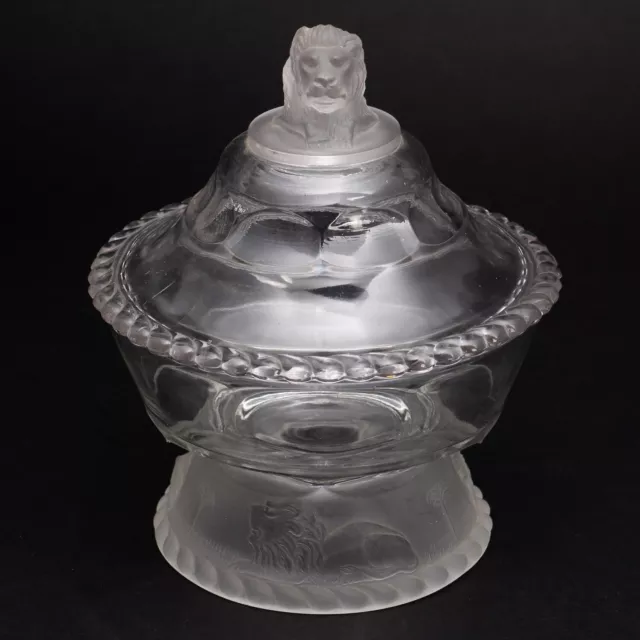 EAPG Pattern Glass Clear Frosted Lion Head Finial Footed Candy Dish with Lid