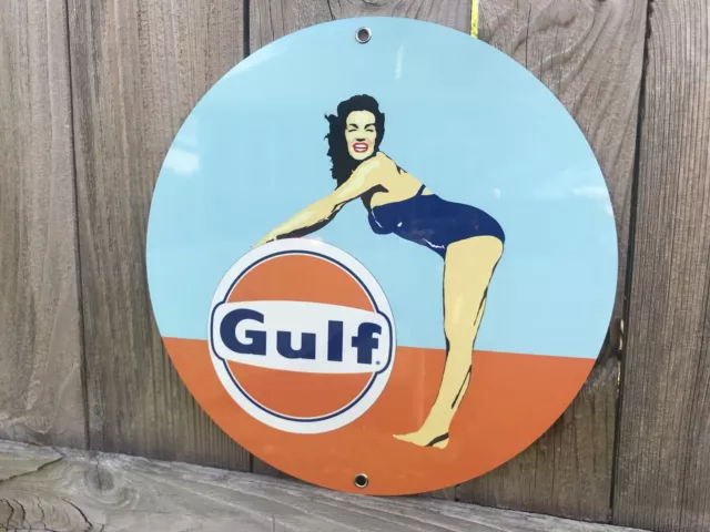 Gulf racing Gasoline Round Metal Pinup Girl Pin Up  sign oil gas