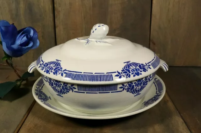 Ancienne Soupière Légumier Art Déco ST AMAND avec Grand Plat Assiette Bleu