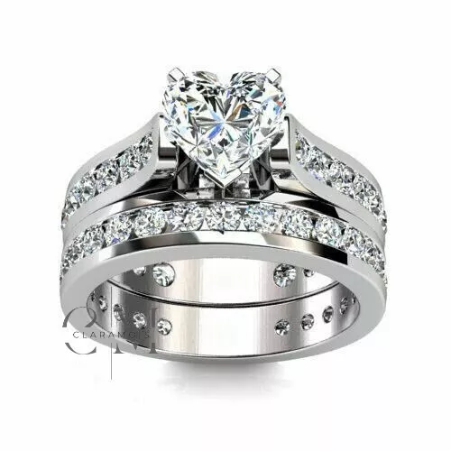 2.50 Heart Cut VVS1 Moissanite Bridal Set Engagement Wedding Ring 14k White Gold