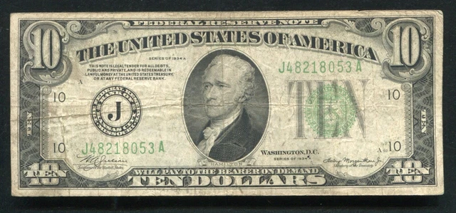1934-A $10 Ten Dollars Frn Federal Reserve Note Kansas City, Mo 