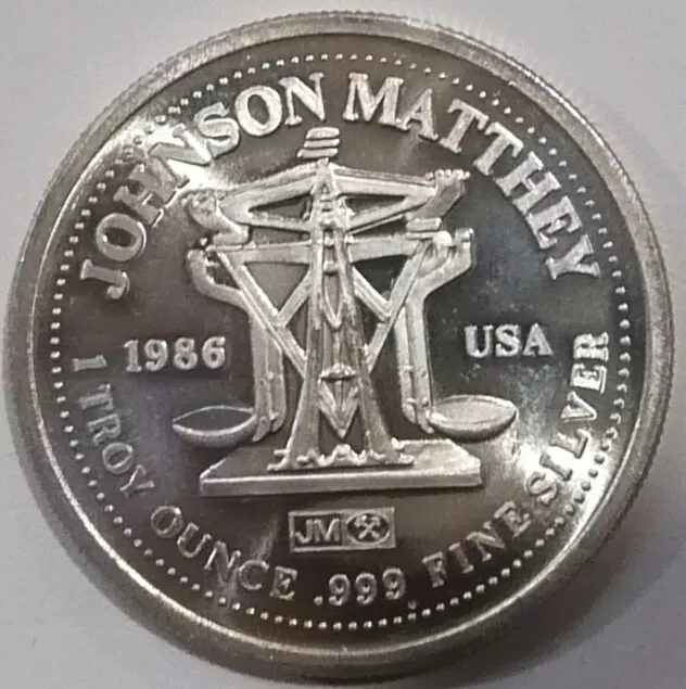 1986 Johnson Matthey 1 Ounce Silver Round  .999 Fine Silver