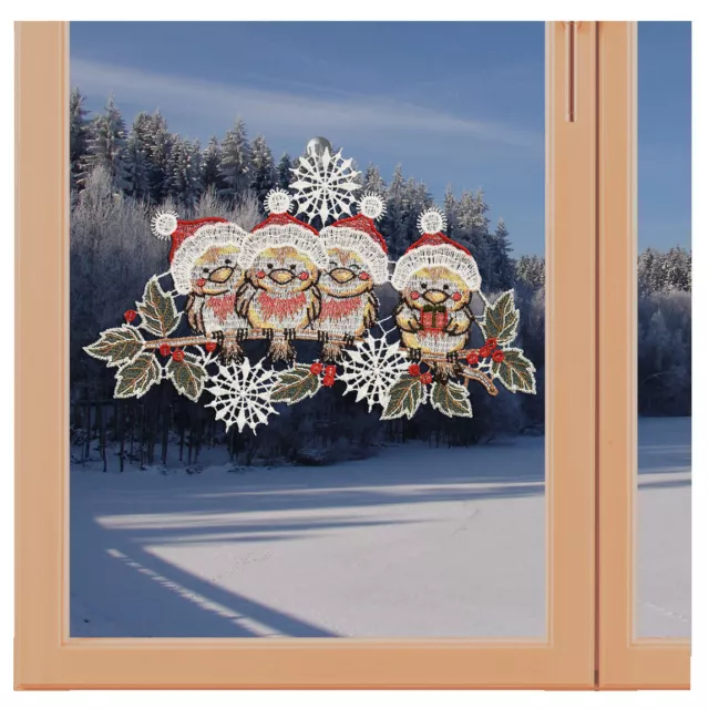 Fensterbild Wintervögel mit Mützchen Weihnachts-Fensterdeko Plauener Spitze