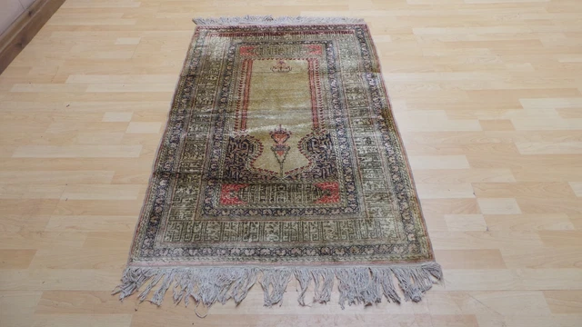 Turkish CARPET RUG HAND MADE Oriental Faux silk Cotton Vintage 4ft 7" x 3ft