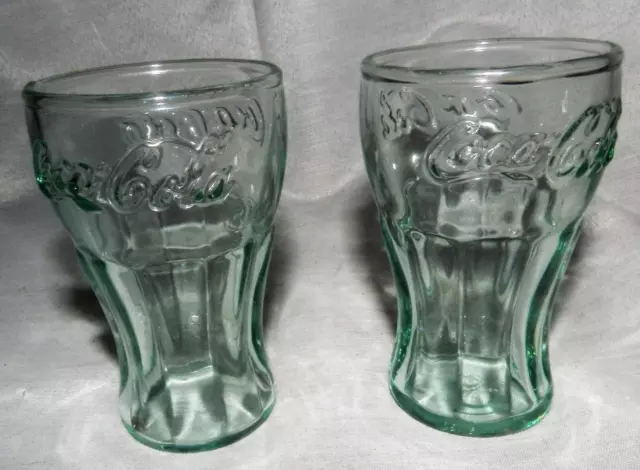 Coca Cola Coke 2 Miniature Green Tint Tapered Glasses 2 Ounces Each