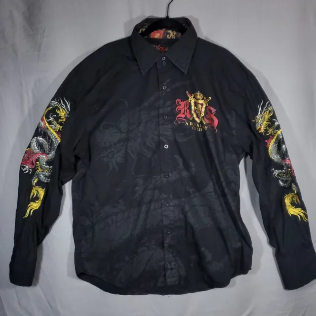 Rebel Spirit Shirt Mens XL Dragon Black Button Up Flip Cuff Royal Way of Life