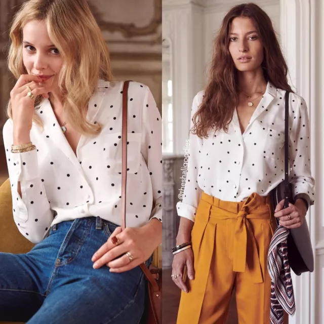 SEZANE Florence Shirt White Black Polka Dot Silk Top Blouse FR 36 S NWT
