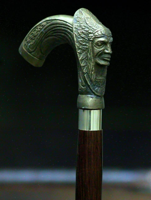 Handmade indian Chief Head Brass Color Walking Stick Walking Wooden Working Cane