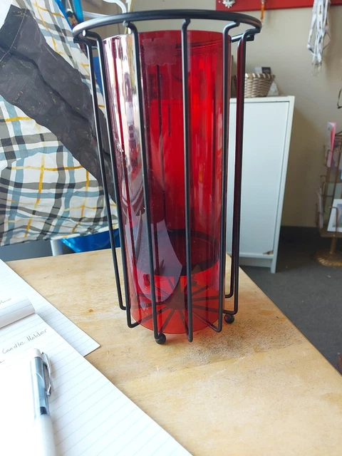 2 Pc. Large Ruby Red Glass Candle Holder In Iron Metal Stand