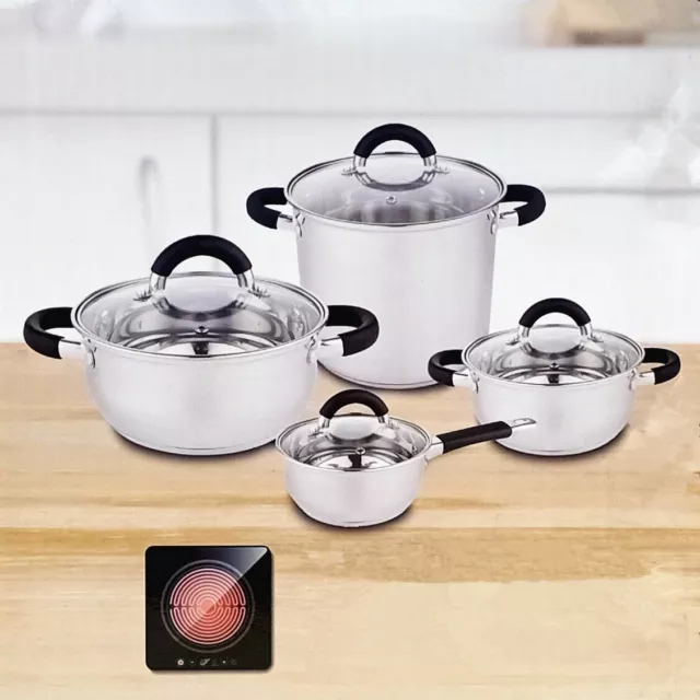 4pc Stainless Steel Stock Pot & Glass Lid Cooking Kitchen Cookware Stockpot Set