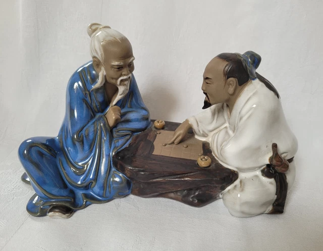 Vintage Chinese Shiwan Mudman Figurine Of Two Men Playing A Board Game 9" x 4"