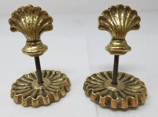 Set of 2 Scalloped Shell Cast Brass Curtain Rod Decorations Reclaimed Vintage