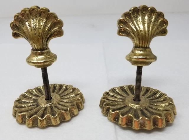 Set of 2 Scalloped Shell Cast Brass Curtain Rod Decorations Reclaimed Vintage