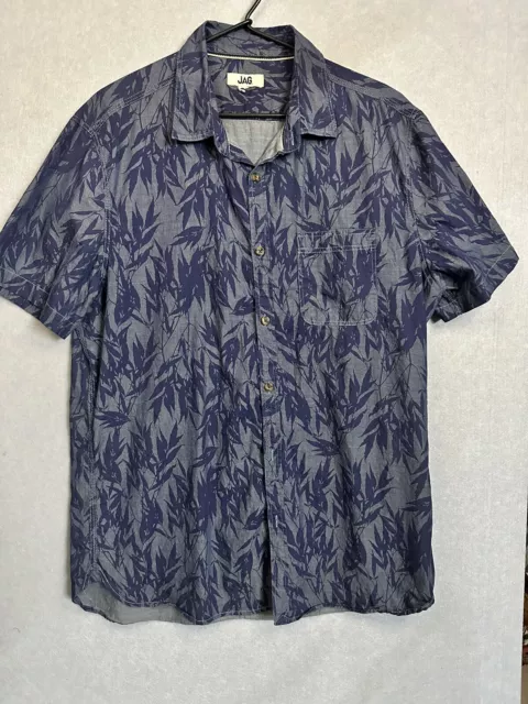 JAG Shirt Mens L Large Dark Blue Floral Button up Short Sleeve Collared Cotton