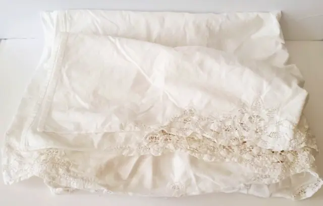 Bed Skirt Duster Size Queen White Battenburg Lace Cotton 88"x85" 14”Drop
