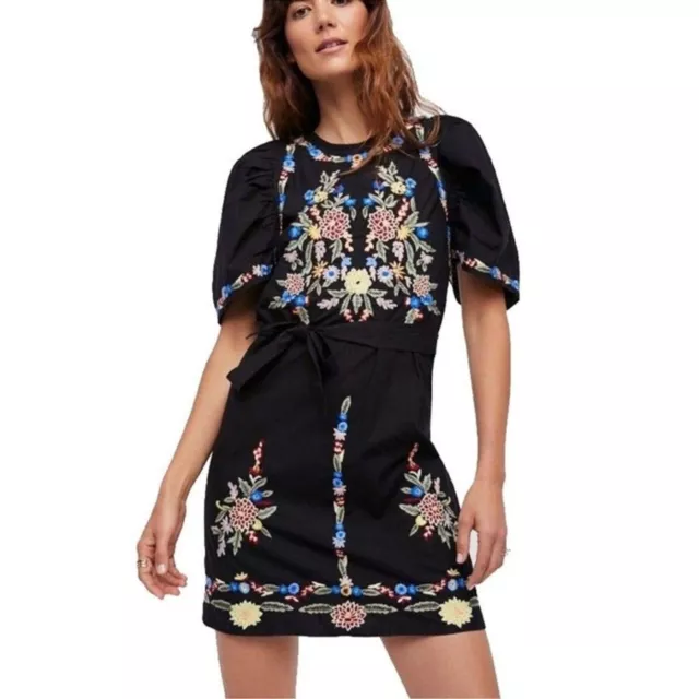 Free People Mexican Floral Embroidered Mini Dress Evangeline puff sleeves XS