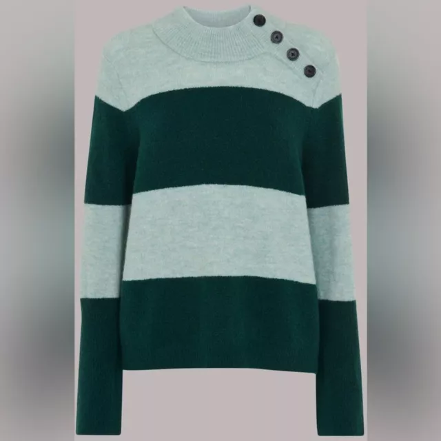 Women’s Whistles Green Striped Sweater Buttons on Collar Wool Blend Size L NEW