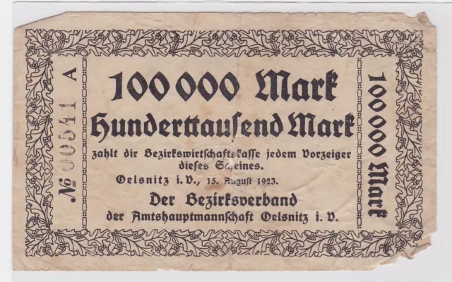 100000 Mark Banknote Amtshauptmannschaft Oelsnitz Vgtl. 15.8.1923 (122600)