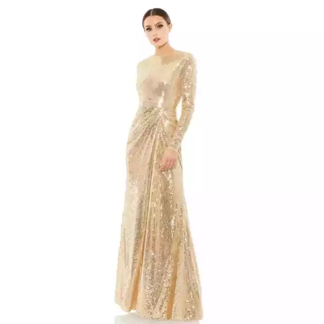 Mac Duggal 10824 Gold Sequined High Neck Long Sleeve Draped Gown 10 NWT