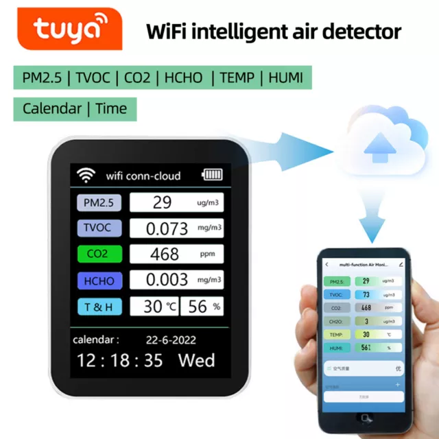 7in1 Wifi Air Quality Monitor PM2.5 TVOC CO2 HCHO Temp Humidity Meter Detector