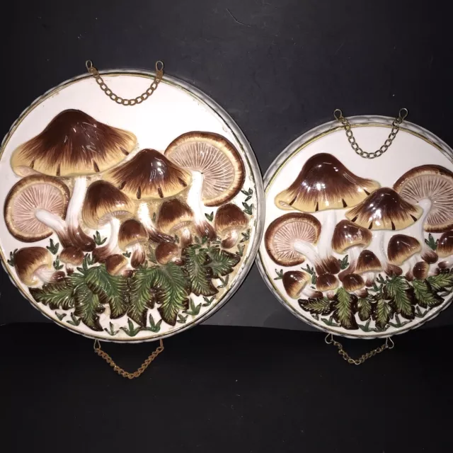 Vintage 1970's MCM Retro Set of 2 Raised 3D Mushroom Wall Decor Ceramic Plaques