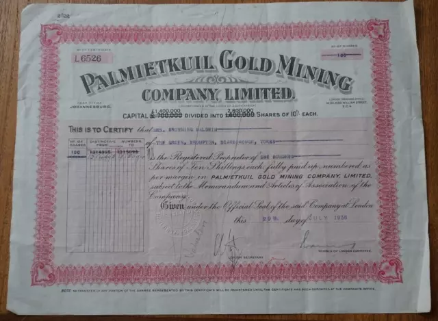 South Africa, Palmietkuil Gold Mining Co. Ltd. share certificate dated 1936