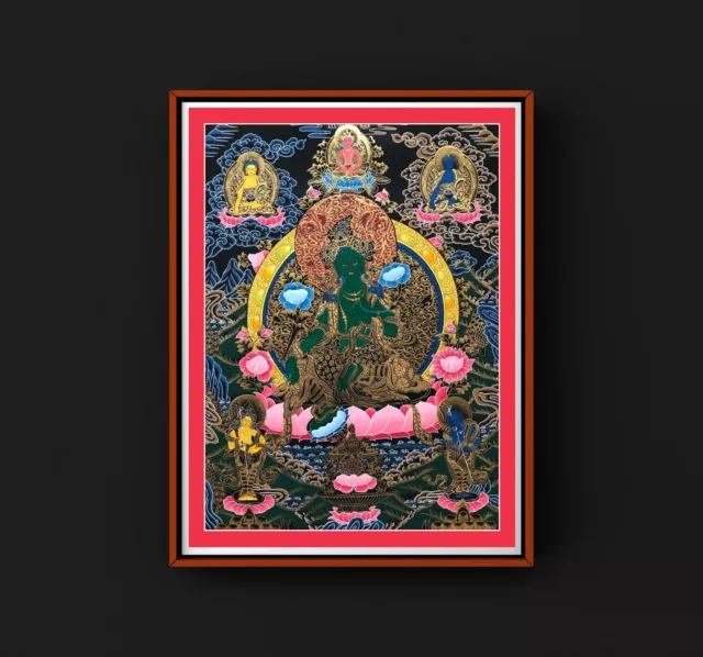 Green Tara Thangka Painting, Handmade Tibetan Art on Cotton Canvas from Nepal