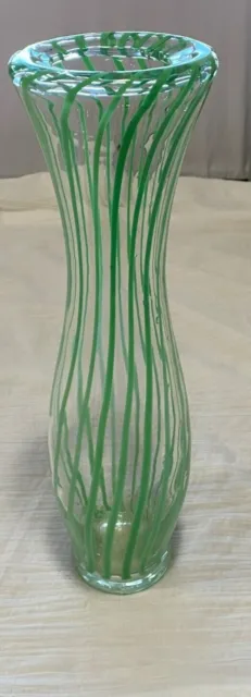Vintage Hand Blown Art Glass Vase  Murano-Style Green Striped 15”