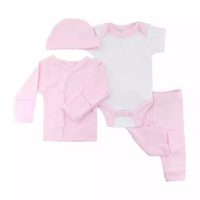 Premature Tiny Baby 4 Piece Layette Clothing Set Hat Prem Plain White Pink Blue 3