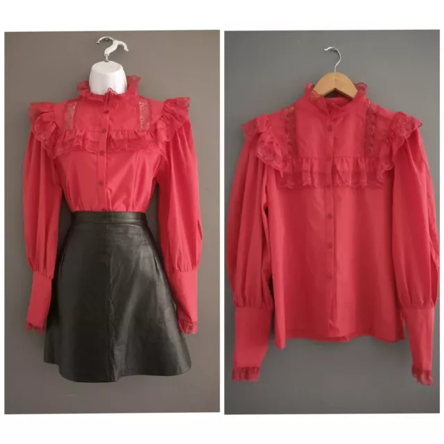 Camicia Camicia Vintage anni '70 Rosso Policotone Ruffle Pizzo 8 10 Small