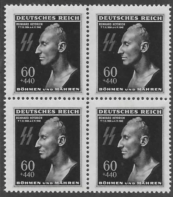 German Third Reich Occ. Bohemia Original Ww2 Stamp Block Heydrich Death Mask Mnh