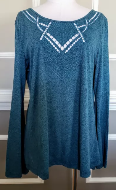 Womens Boho Relaxed Look Top Blouse Tunic Length Keyhole Back Bell Sleeves Sz L