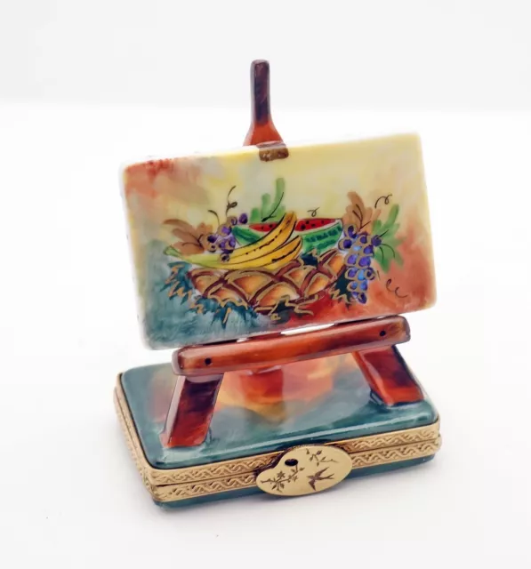 New French Limoges Trinket Box Easel Still Life Fruits Painting w Banana Grapes