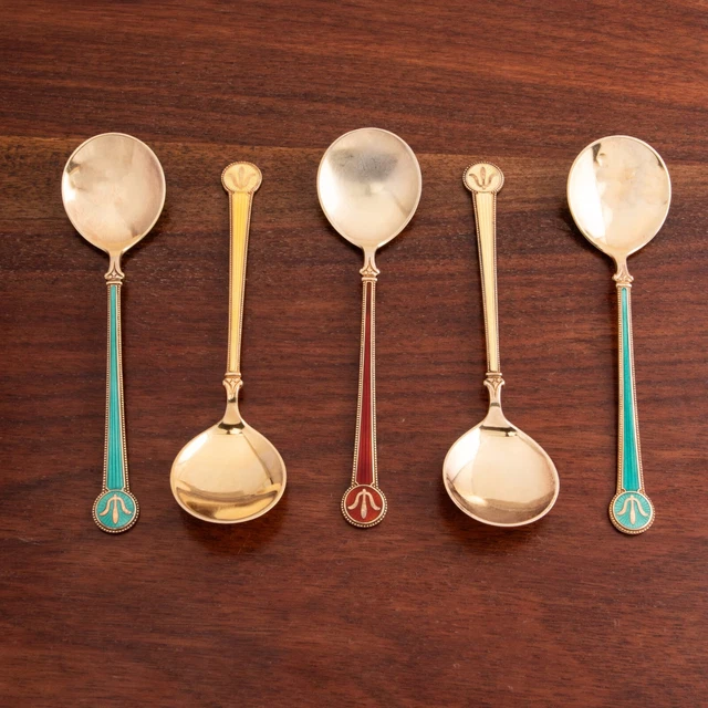 5 David Andersen Norwegian 925S Gilt Enamel Guilloche Bouillon Soup Spoons