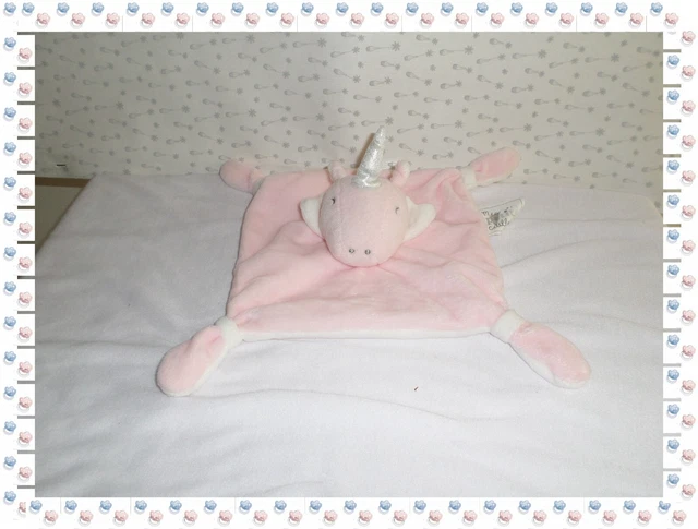 ✿ - Doudou Semi Carré Licorne Rose Blanc Argenté Mes Petits Cailloux