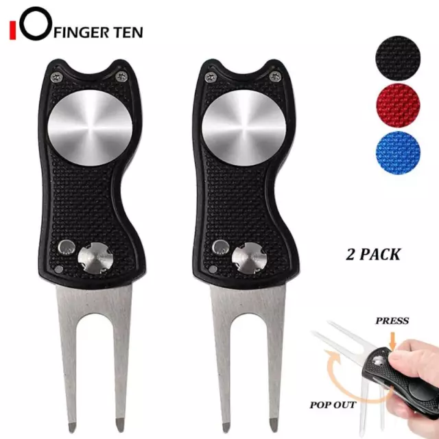 2X Metal Foldable Golf Divot Repair Tool with Pop-up Button&Magnetic Ball Marker