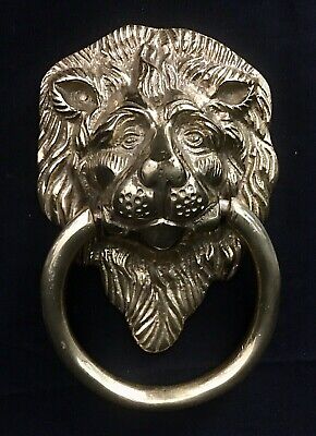 Large Lion Head Polished Cast Brass Door Knocker Figure Vintage India Gange