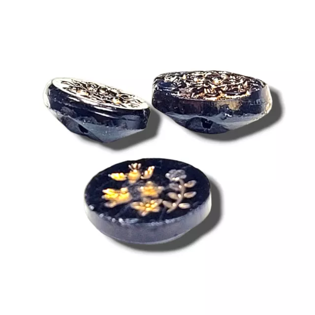 Gold Lusters Black Glass Buttons Lot of 3 Floral Bird Victorian Self Tunnel 20 L 2