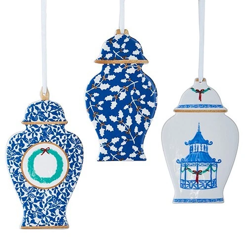 Set/3 Patty Rybolt Delft Chinois Ginger Jar Ornament Blue White Christmas Decor