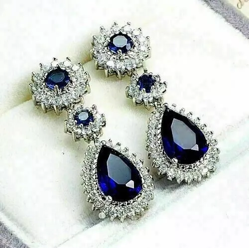 4.70Ct Pear Simulated Blue Sapphire Drop Dangle Earrings 14K White Gold Plated