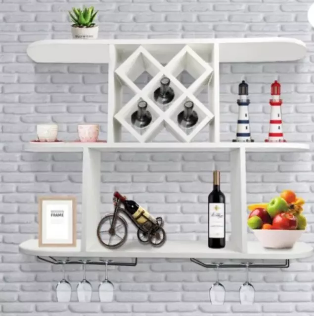 White Wooden  Shelving  Wine Rack With Glass Holders